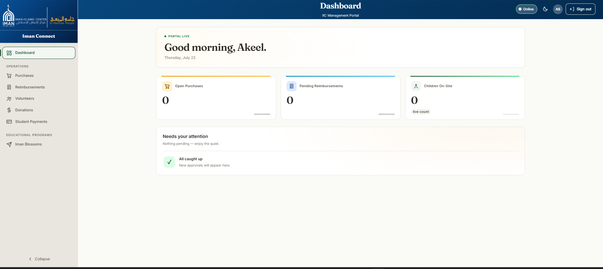 The Iman Connect board dashboard